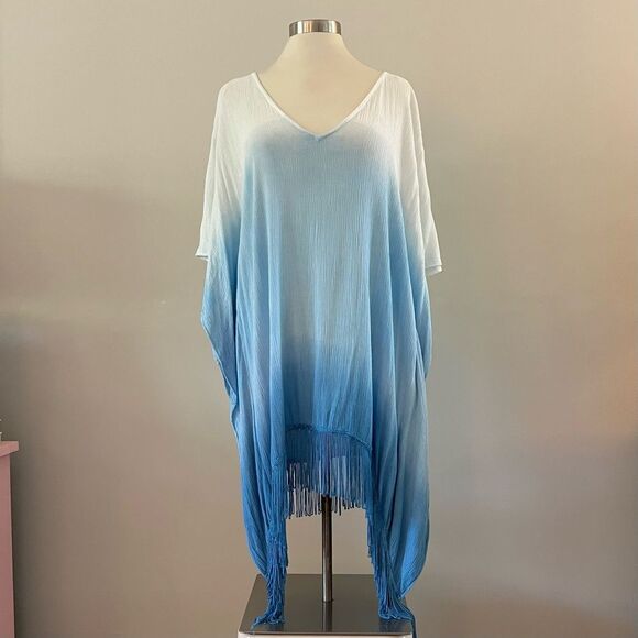 Forever 21 Cover-Up Swim Ombre White Blue Fringe M - Picture 2 of 8